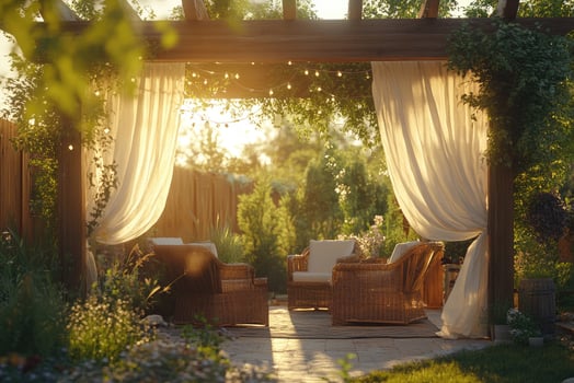 Cozy pergola with curtains creating relaxing backyard oasis at sunset photo