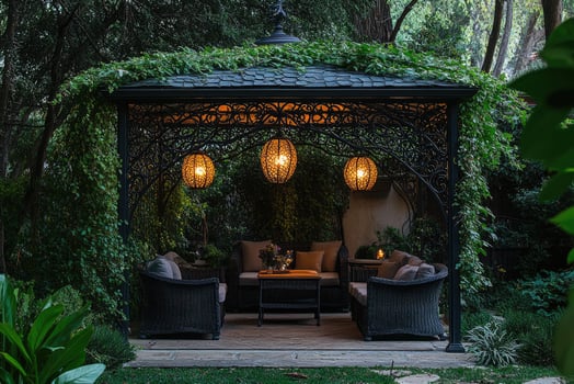 Elegant gazebo illuminated with hanging lamps in a lush garden setting during twilight.. photo