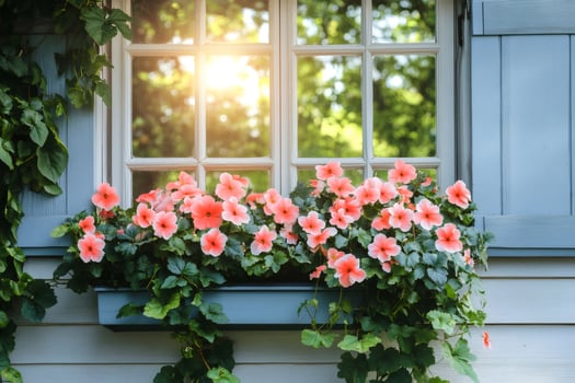Window box bursting with vibrant pink flowers in sunlight photo