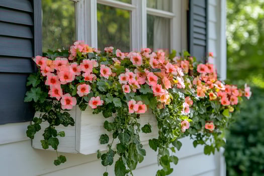 Vibrant pink flowers cascading from window box enhancing house exterior photo