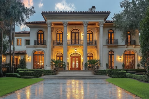 Luxurious mediterranean revival style mansion illuminating at dusk photo