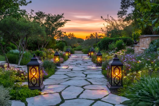 Lanterns lighting stone pathway in beautiful garden at sunset photo