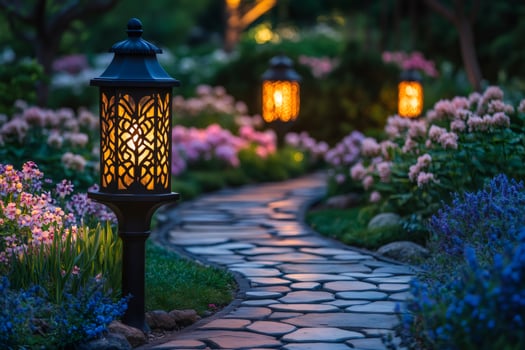 Decorative garden lamps illuminating a winding stone path at twilight photo
