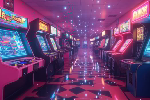 Neon lit arcade cabinets lining a retro checkered floor photo