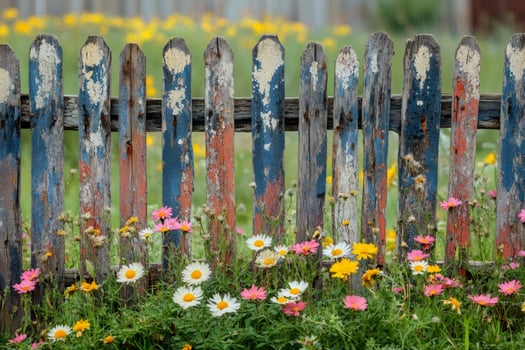 Colorful daisies growing by an old weathered wooden fence in a garden photo