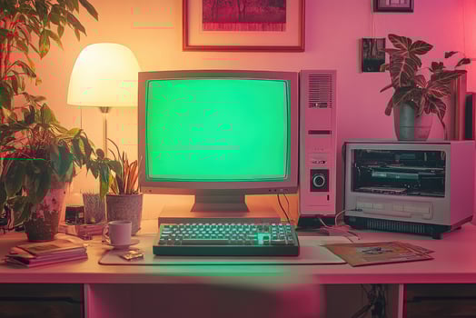 Vintage personal computer with green screen displaying chroma key in cozy room photo