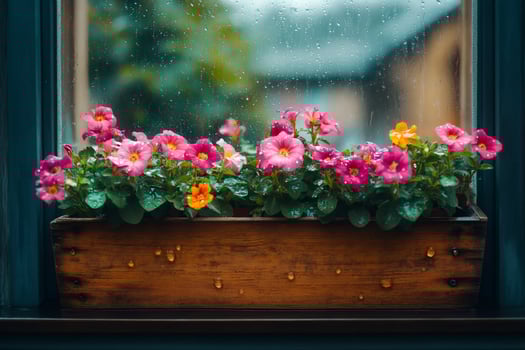 Colorful petunias blooming in wooden flower box on rainy day window photo