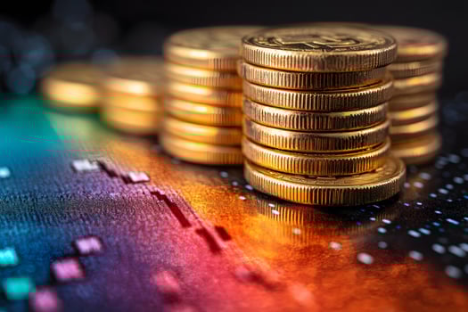 Stacks of Gold Coins on Vibrant Financial Graph - Economic Growth and Investment Concept photo
