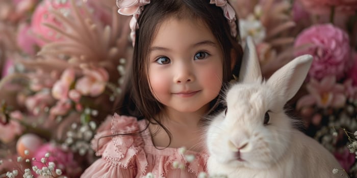 A little girl is holding a bunny in a floral arrangement photo