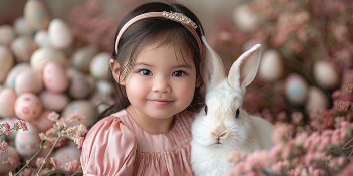 A little girl is holding a white rabbit photo