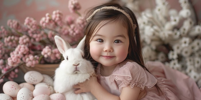 A little girl holding a white rabbit photo
