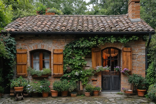 Charming rustic cottage with blooming flowers and climbing vines photo