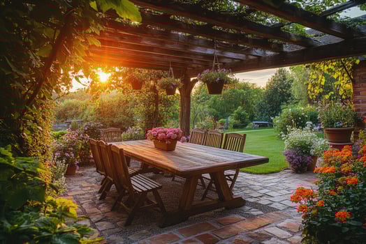 Wooden table under pergola embraces the sunset in a lush garden photo