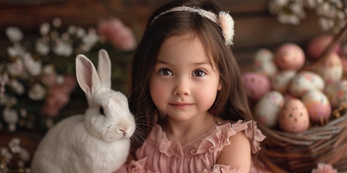 A little girl is holding a bunny and wearing a pink dress photo