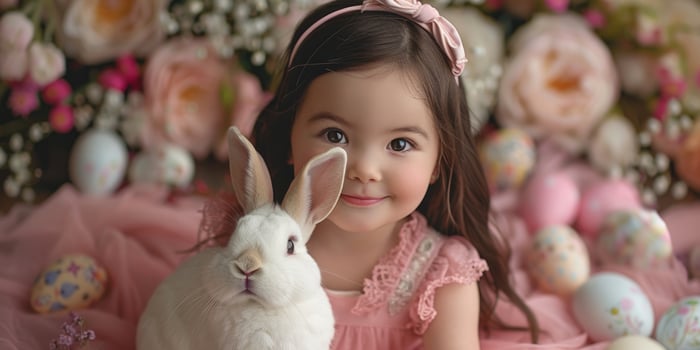 A little girl is holding a white rabbit photo