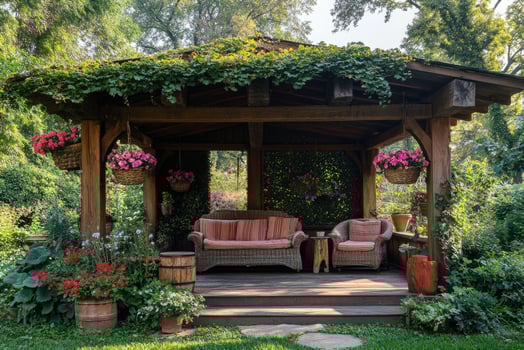Cozy gazebo covered in vines in a lush garden setting photo