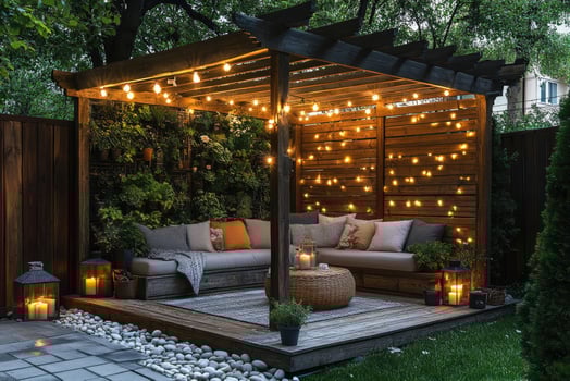 Cozy pergola lighting creating relaxing backyard oasis in the evening photo