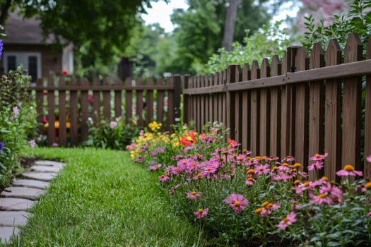 Wooden fence bordering colorful flowerbed in a blooming garden photo