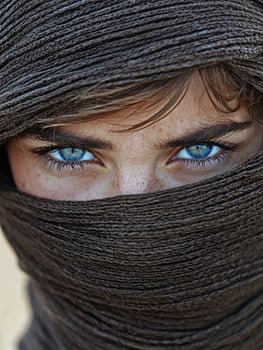 Intense blue eyes of a person wrapped in fabric photo