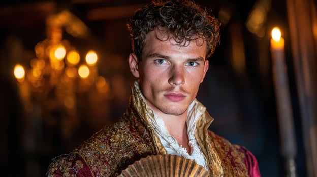 Portrait of a handsome man in historical attire holding a fan photo