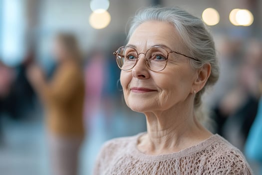 Mature female choreographer posing for camera on blurred background of dance hall. Mature dance concept. A dance class photo