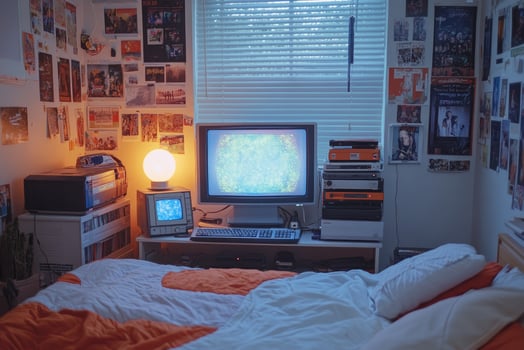 Vintage bedroom showing old computer and television set with vhs tapes photo