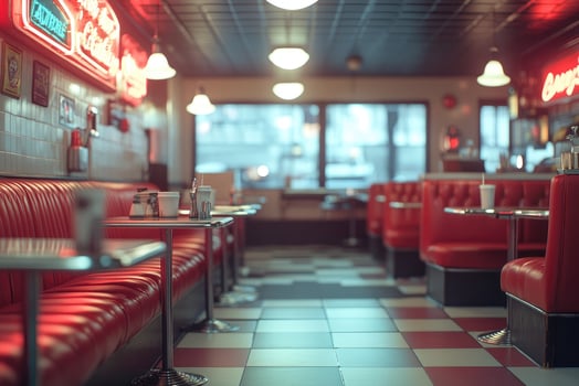 Empty retro american diner interior with red booths and neon signs photo