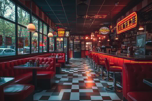 Empty retro american diner restaurant interior design with red furniture photo