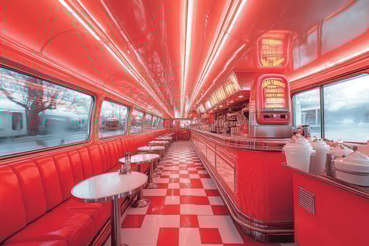 Red retro american diner interior inside a train carriage photo