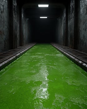 A dark tunnel with glowing green water photo