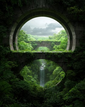 Lush green jungle with circular concrete arches and a waterfall photo