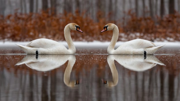 Two swans face each other on a lake in winter photo