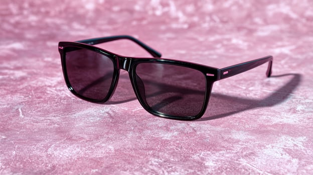 Stylish black sunglasses on a pink textured surface photo