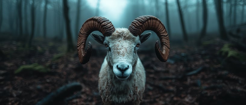 A majestic ram stands in a misty forest photo