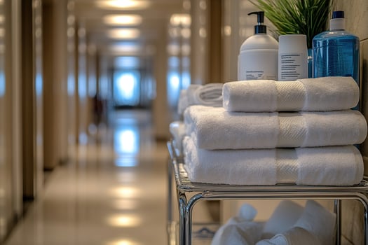 A maid's cart with clean, neatly folded towels and bottles of room cleaning product. Hotel cleaning. photo