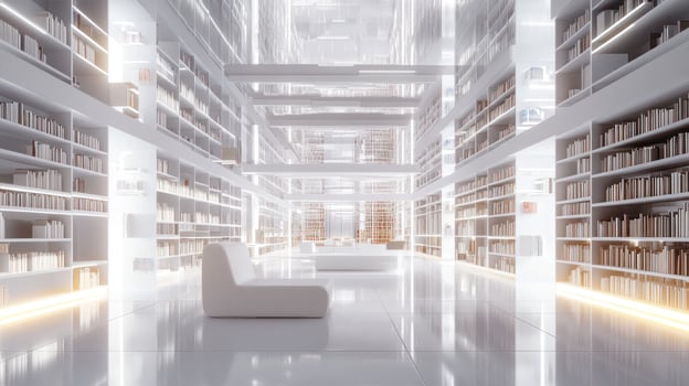 Panoramic view of modern library with high tech design and extensive book collection photo