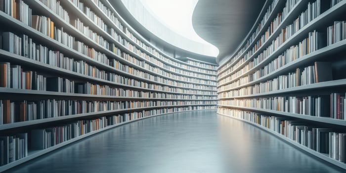 Artistic perspective of endless bookshelves in modern library architecture photo