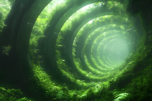 Mystical Green Tunnel Surreal Nature and Light in a Curved Forest Pathway Design photo