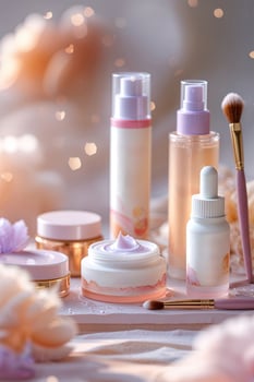 Beauty products arranged on a soft fabric background with gentle bokeh lighting during a serene morning photo