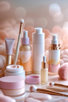 Collection of elegant cosmetic products on a soft background with brushes and tools arranged artistically photo