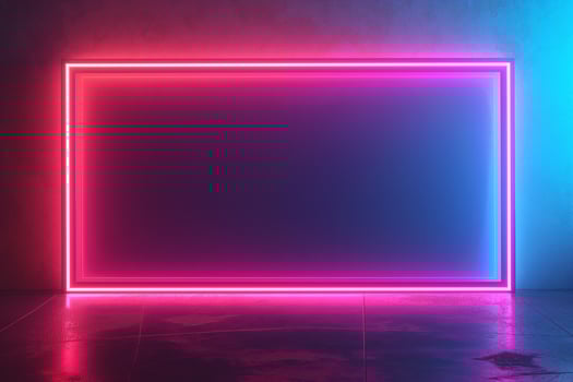A vibrant neon frame with a gradient of pink and blue light against a textured wall, creating a modern, futuristic setting. photo