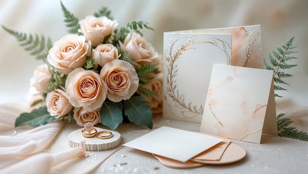 Elegant bridal bouquet with rings and wedding invitations on decorative table setting in soft light photo