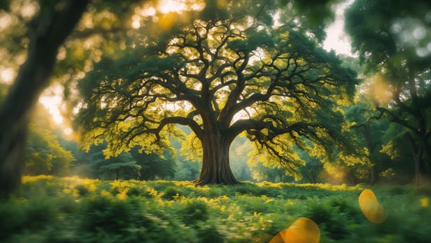 Majestic tree stands tall in a lush green forest during golden hour light photo