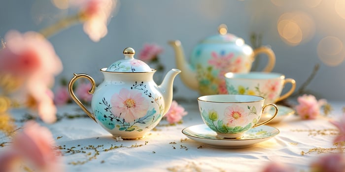 Elegant tea set with floral designs surrounded by blossoms in soft afternoon light photo