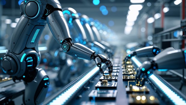 Robots assembling electronic components in a modern manufacturing facility during daylight photo