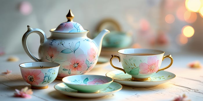 Elegant tea set featuring floral design arranged on a rustic table with soft lighting photo