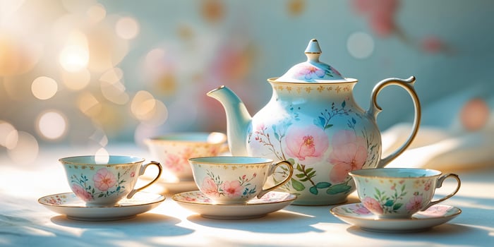 Elegant tea set on a table with soft lighting and blurred floral background in a cozy setting photo