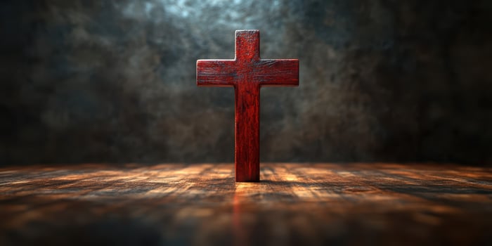 Wooden cross illuminated by dramatic lighting on a textured wooden surface in a dimly lit space photo