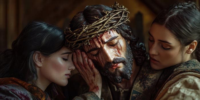 Emotional portrayal of a moment with Jesus at the crucifixion surrounded by women in a historical setting photo