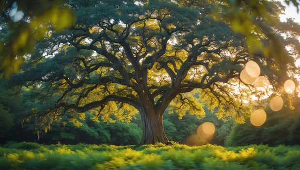 Majestic tree bathed in golden light during sunset in a lush green landscape photo